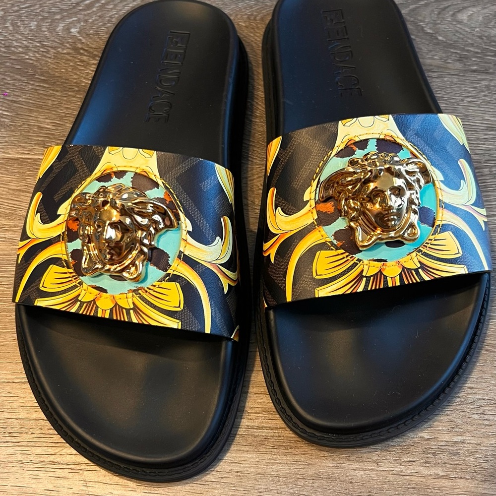 Versace Black and Gold Medusa Slide Sandals